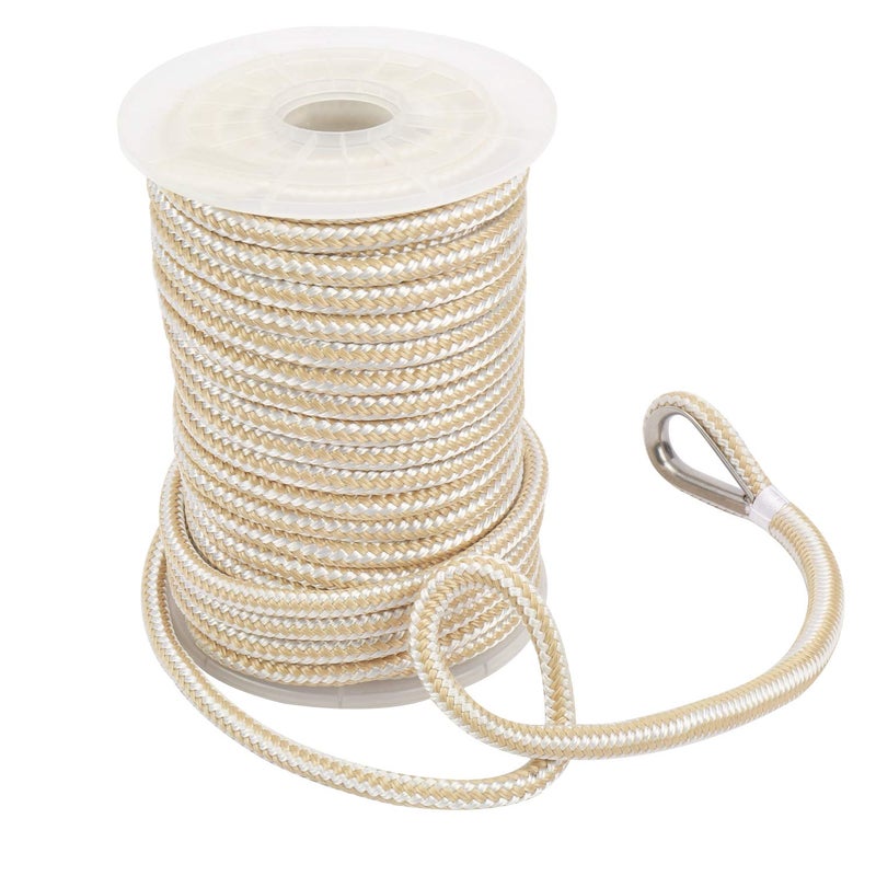 NovelBee 3/8 Inch X 200 Feet Double Braid Nylon Anchor Line with Stainless Steel Thimble and Plastic Chuck (White/Gold) - Image 1